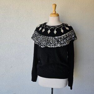Vintage‎ 90s Y2K Affinity Silk Angora Black Silver Embellished Holiday Sweater L